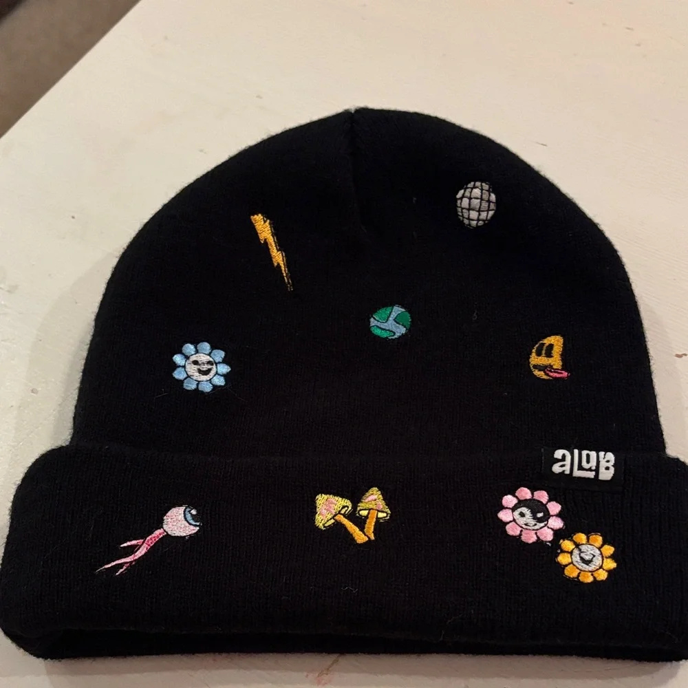 NWOT ALAB Black Beanie with Colorful Embroidered Motifs - Picture 1 of 6